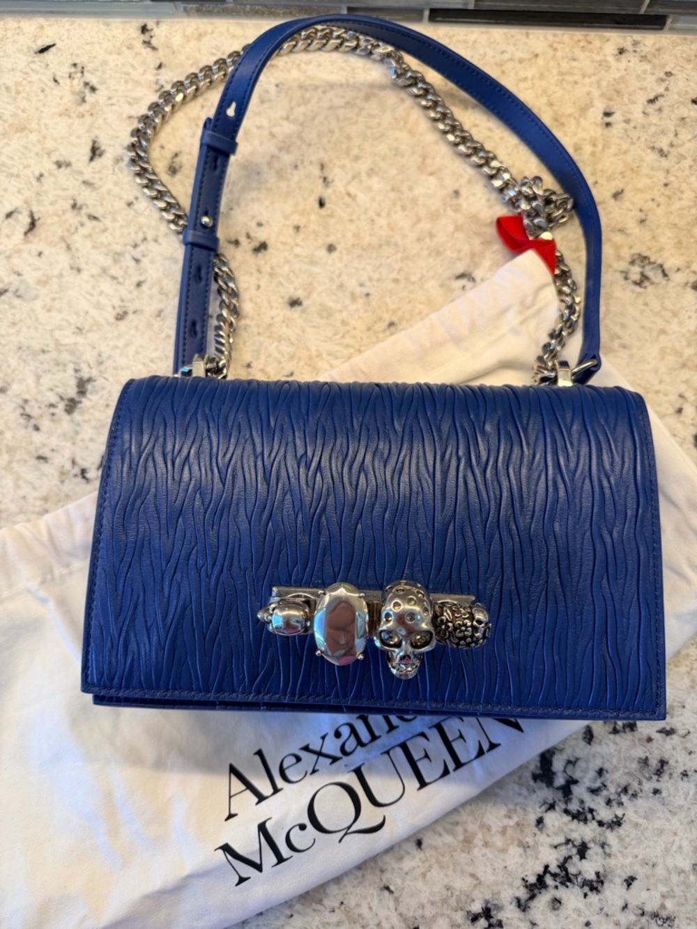 Alexander McQueen Royal Blue Leather Shoulder Bag with Silver Chain